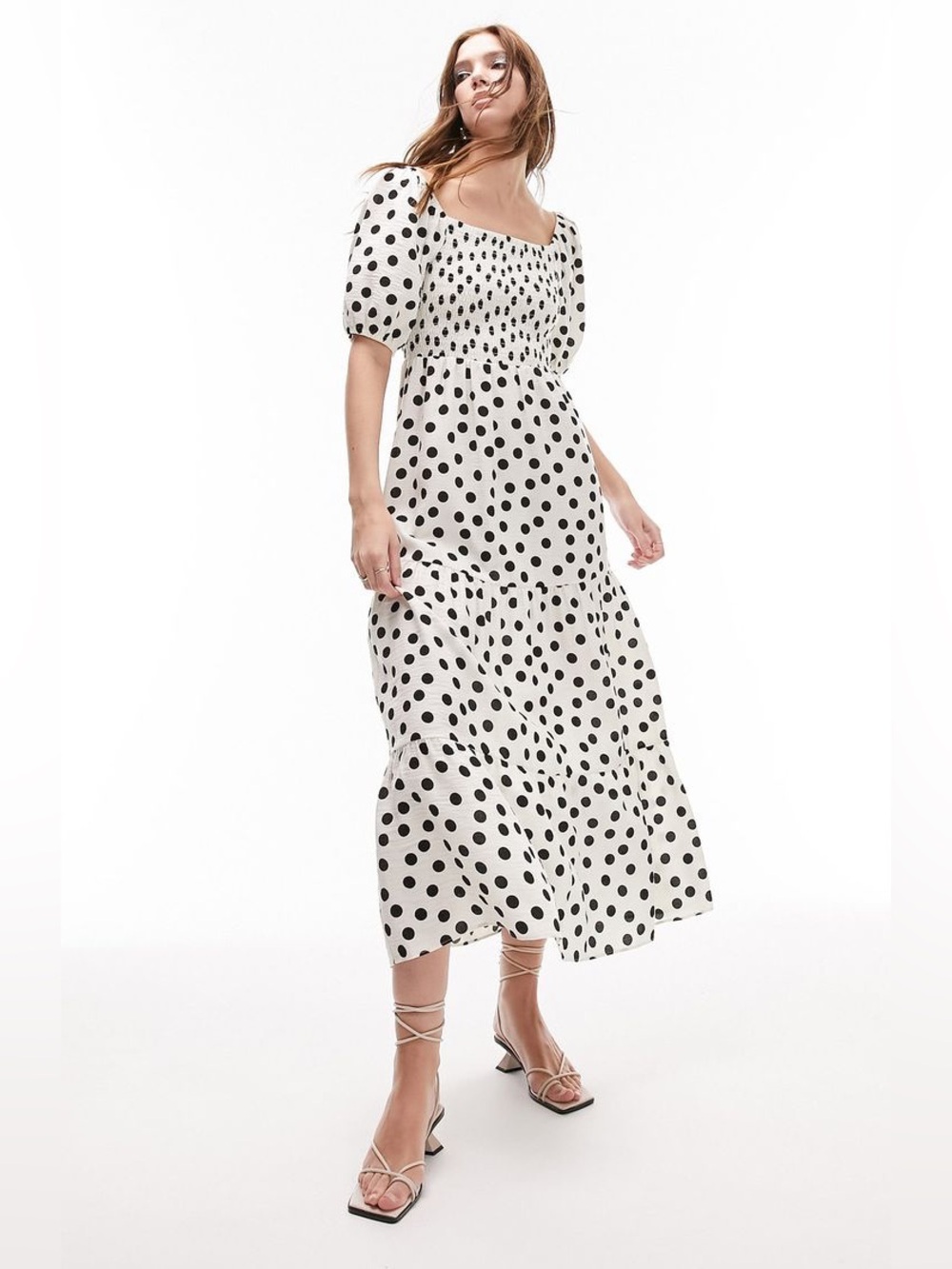 Topshop Polka Dot Puff Sleeve Smocked Midi Dress Black White Size 10 NWOT